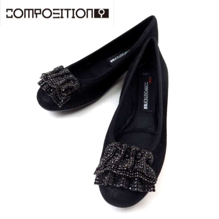 composition9 コンポジションナイン ＣＰ３０８９ ブラック(B) レディース 婦人靴 スタイリッシュ コンフォート パンプス ラウンドトゥ チャンキーヒール フラット ビーズ たたみリボンモチーフ