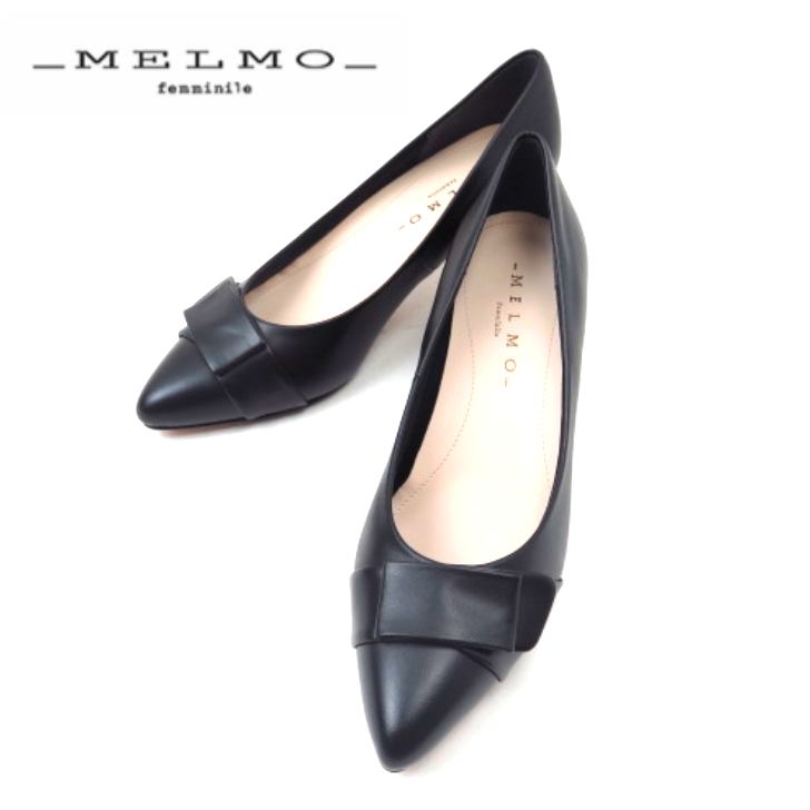 MELMO メルモ ＭＬ８０５４ ブラック(B) レディース 婦人靴 ポインテッドトゥパンプス ミドルヒール 本革 日本製 リボンモチーフ　シンプル