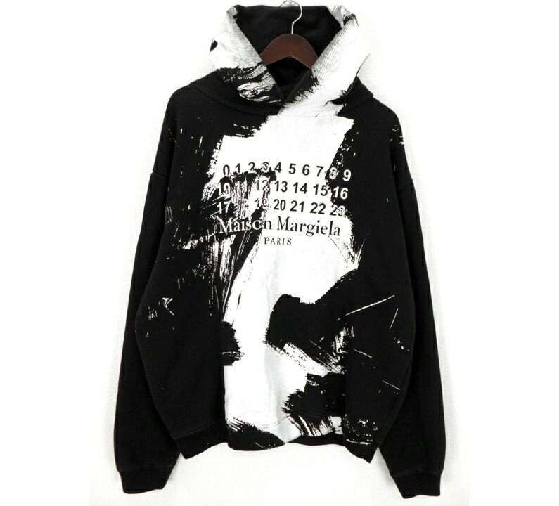 メゾン マルジェラ Maison Margiela10 20AW 【 S50GU0151 】 ペンキ加工 カレンダー ロゴ プリント プルオーバー フーディ パーカー ブラック×ホワイト サイズ46 49456 【中古】