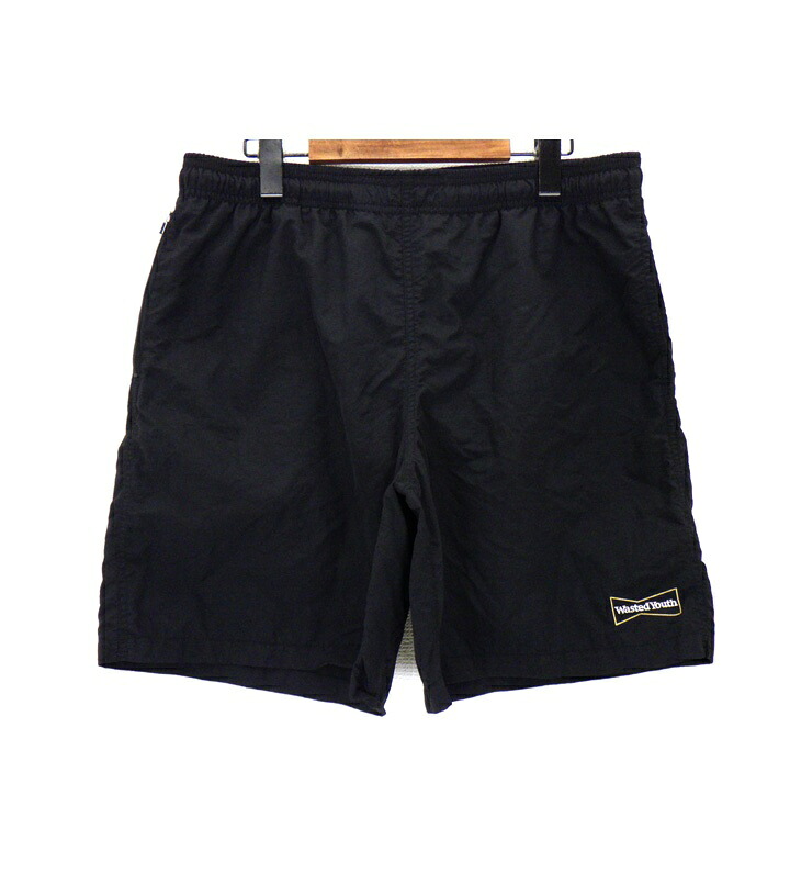 ウェイステッドユース Wasted Youth 【 Swim Shorts 】 ロゴタイプ 刺しゅう スウィム さる股引き 海水着 黒いこと 大きさL 50663 【中古】