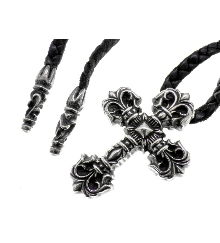 クロムハーツ CHROME HEARTS 【 FILIG CROSS XSM LB 】 フィリグリー はりつけ台 ウィズ なめし革 金モール しろがね色 首飾り 黒いこと×しろがね色 50743 【中古】