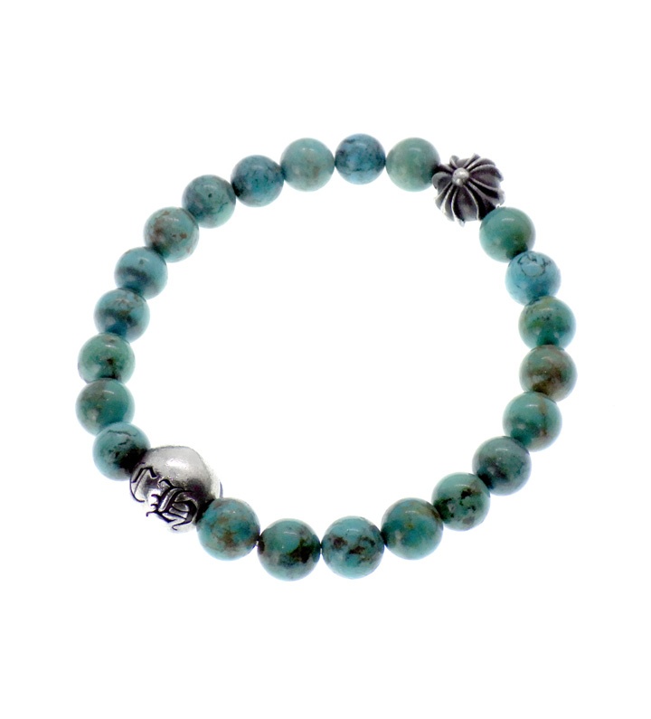 クロムハーツ CHROME HEARTS 【 BEAD 25 】 8粍 青緑色 ビーズ 腕輪 しろがね色×青碧 n11277【中古】