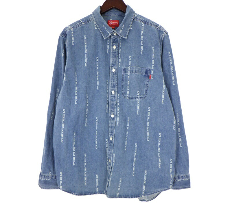 シュプリーム Supreme 20AW 【 Logo Stripe Jacquard Denim Shirt 】 ロゴタイプ 縞模様 ジーンズ 長袖 プルオーバー インディゴ 大きさL h8315【中古】