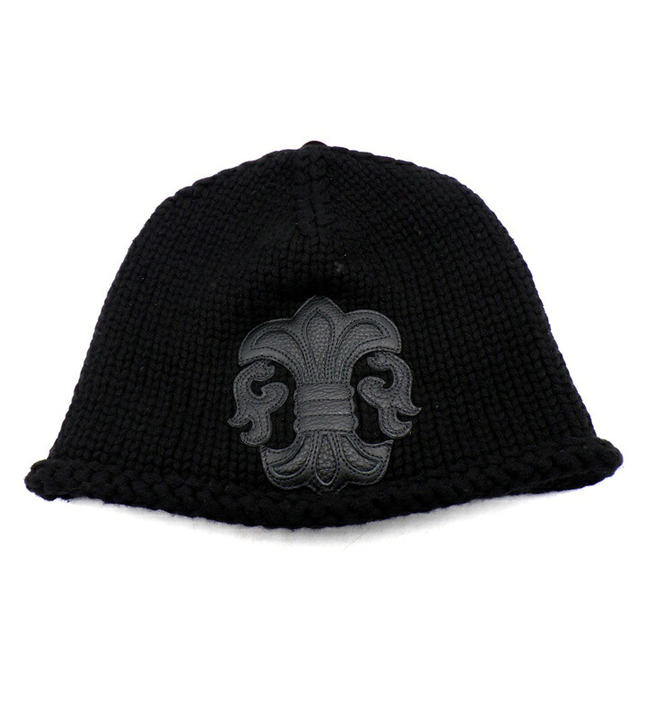 クロムハーツ CHROME HEARTS 【 CASHMERE BS FLARE BEANIE 】 カシミヤ BSフレア レザー パッチ ビーニー ニット キャップ ブラック サイズOS 52053 【中古】|SeekeR
