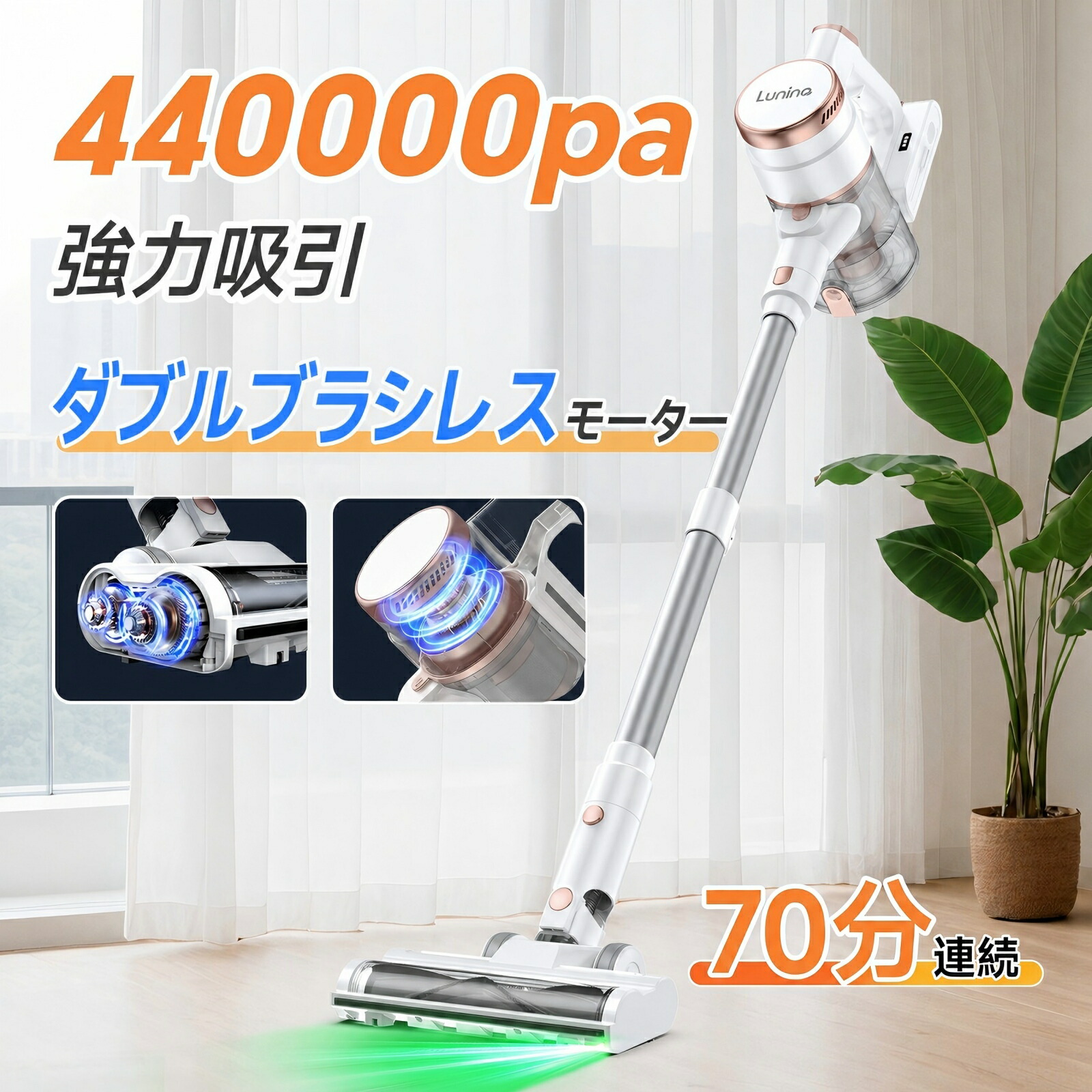 【2026革新・440Kpa 超強力吸引 グリーンLEDライト付 70分連続稼働 自立式】掃除機 コードレス 充電式 クリーナー 伸縮パイプ サイクロン掃除機 片手UIデザイン そうじき 静音 ハンディ掃除機 スティック 一人暮らし PSE認証済|リットステーション