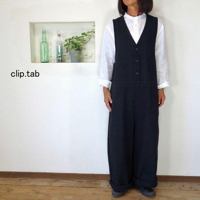 クリップタブ clip.tab リネン ワンピース バンドカラー 麻 ナチュラン Clip.tabクリップタブ リネンパッチワーク Vネックワンピース