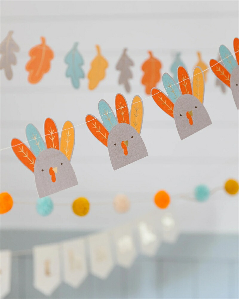 七面鳥とポンポンのバナーセット サンクスギビング ガーランド バナー 誕生日 飾りつけ バースデー ターキー 秋