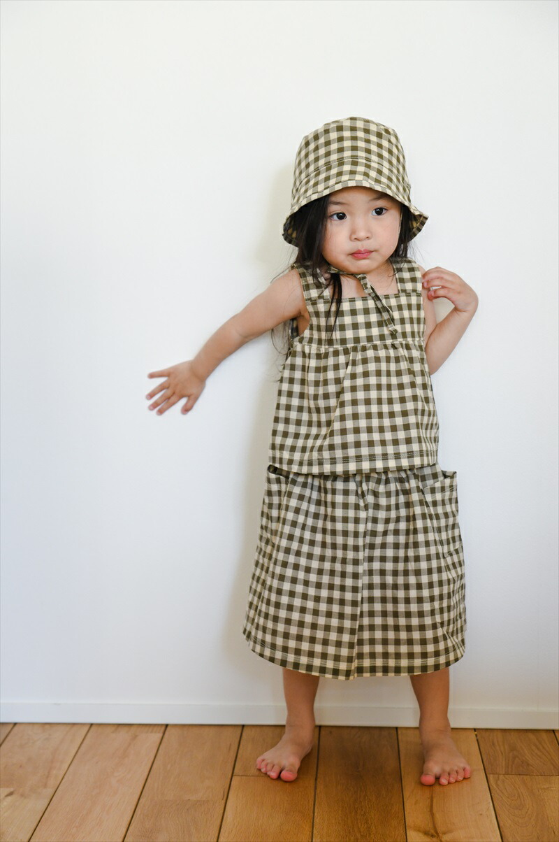 organiczoo olive gingham ロンパース　帽子 organic zoo】Pottery Blue Gingham Bucket Sun Hat 【0-12か月/1-2歳