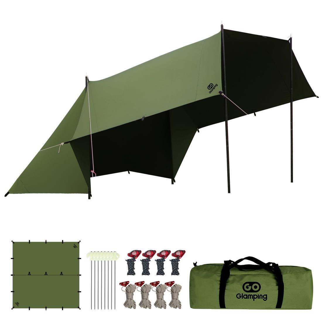 GOGlamping HENGEN+スクエアタープTC 正方形タープ ポリコットン 焚き火可 【19箇所ループ・特殊防水テープ付き】500mm耐水圧 撥水加工 遮光/遮熱/難燃 ソロキャンプ 軽量 コンパクト キャンプ アウトドア (緑（4m))