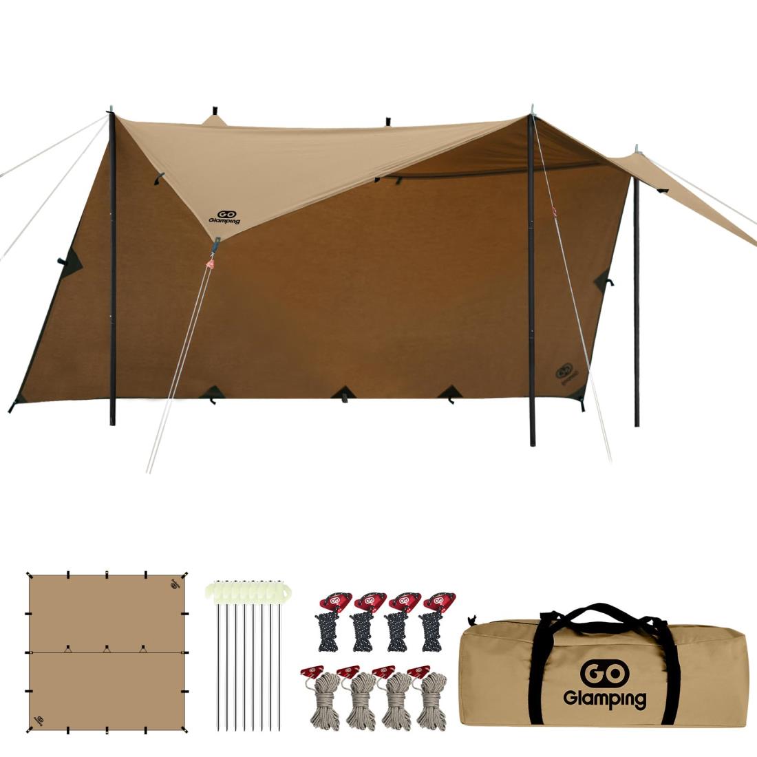 GOGlamping HENGEN+スクエアタープTC 正方形タープ ポリコットン 焚き火可 【19箇所ループ・特殊防水テープ付き】500mm耐水圧 撥水加工 遮光/遮熱/難燃 ソロキャンプ 軽量 コンパクト キャンプ アウトドア (カーキ（2.95m))