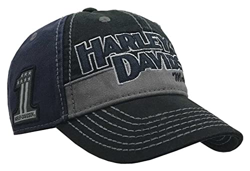Harley-Davidson メンズ チェーンステッチ カーブ 調整可能 カラーブロック ベースボールキャップ ブルー Free Size