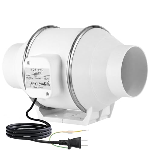 BreeRainz ダクトファン Φ100mm ダクト用換気扇 風量290m?/h 強力 省エネ 静音 排気ファン 中間取付 塗装ブース用 家焼肉 家庭用 業務用 排風機 丸形タイプ 110V 日本仕様電源プラグ (100mm)