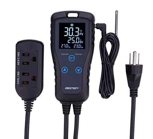 DIGITEN DTC102デジタルプログラマブルサーモスタットアウトレット2ステージプラグイン温度計発酵種子発芽爬虫類醸造温室用の配線済み加熱および冷却温度コントローラー