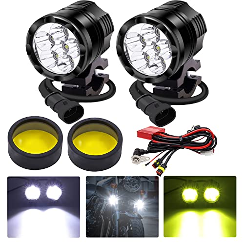 X-STYLE バイク フォグランプ led ハーネスキット 2色 3モード切り替え 60W ヘッドライト 補助灯 12V 24V兼用 高輝度 防水 超長寿命 ワークライト スイッチ付き 2個入り (ホワイト+黄色いレンズ)