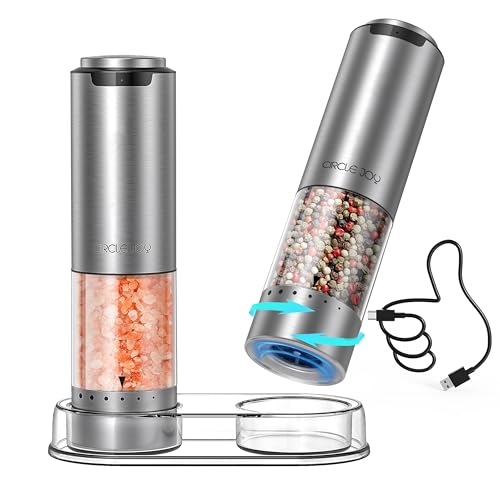 CIRCLE JOY ペッパーミル 電動 ステンレス製ペッパーミル 厚さを外部で調整する 95ml容器 収納ベース 白色LEDライト 2本セット シルバー