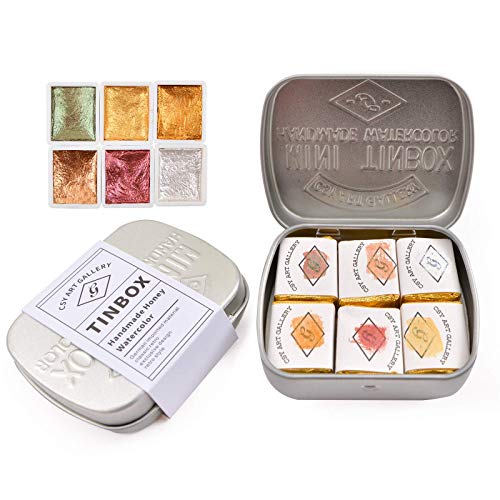 Csy Art Supplies ハンドメイド 水彩絵の具セット - メタリックゴールドカラー 6色 ハーフパン グリッター ソリッドウォーターカラー メタルケース スパークル パール光沢水彩画 アーティスト、学生、愛好家向け