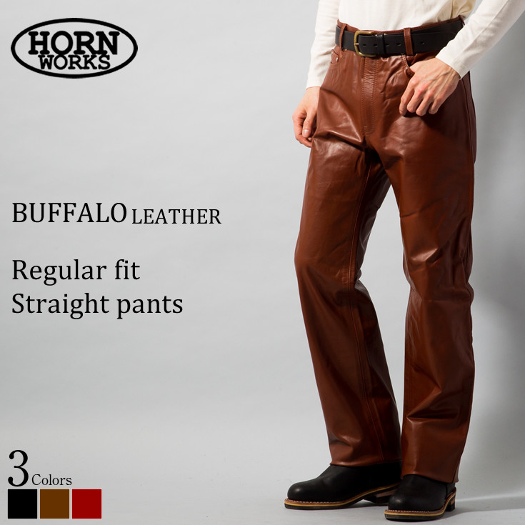Horn Works 本革 レギュラーフィットレザーパンツ メンズ ホーンワークス 3866 レザーパンツ 本革パンツ 本皮パンツ ライダースパンツ ライディングパンツ 本革ズボン ボトムス デニム ジーパン バイク用 レーシングパンツ ストレート ブーツカット 黒 ライダー バイカー｜レザージャケットのリューグー