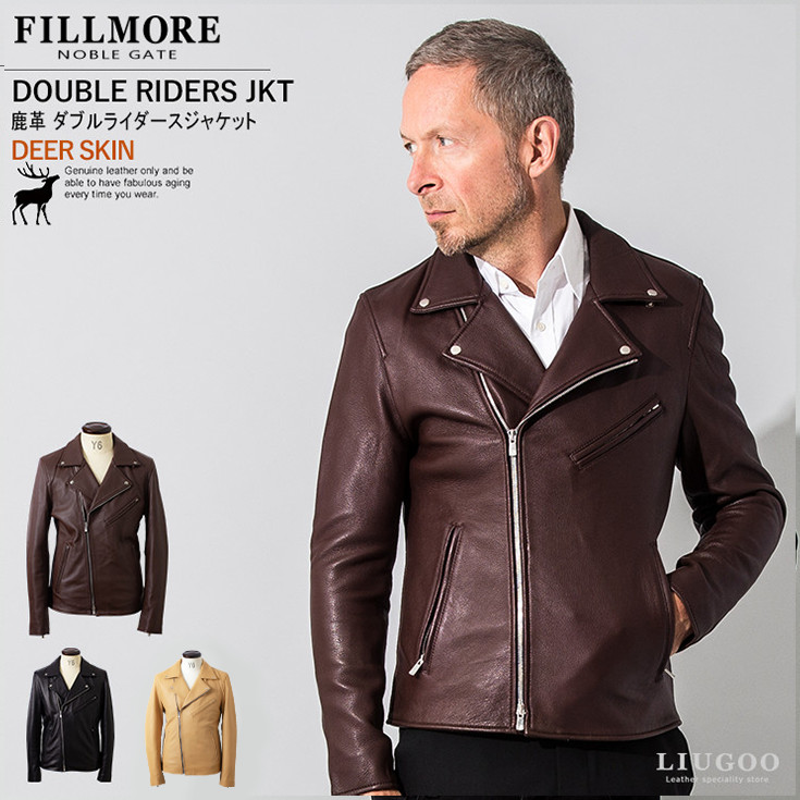 【20周年記念10%OFFクーポン】FILLMORE 本革 ディアスキンダブルライダースジャケット メンズ フィルモア DRY13A レザージャケット ブルゾン アウター 革ジャン 皮ジャン 本皮ジャンパー 上質 シルク/軽い/エクセラ/ラムスキン/シープ/海外発送可｜レザージャケットのリューグー