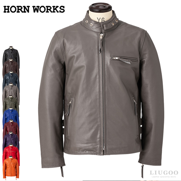 Horn Works 本革 USタイプ シングルライダースジャケット メンズ ホーンワークス 4362 レザージャケット 革ジャン 信頼のYKK バイク用 ブルゾン 革ジャンパー 日本ブランド ビンテージ 秋冬春 バッファロー 牛革 大きいサイズ｜レザージャケットのリューグー