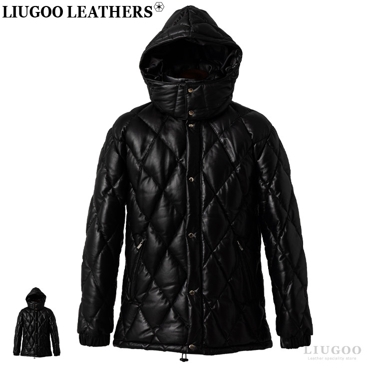 Liugoo Leathers 本革 ダイヤモンドキルト レザーダウンジャケット メンズ リューグーレザーズ WNG19A ダウンコート ラム仔羊革×リアルダウン レザージャケット革ジャン 本皮ジャンパー ブルゾン 日本ブランド 真冬 大きいサイズ フード付 軽量|レザージャケットのリューグー