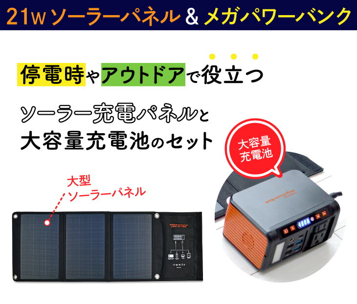 21wソーラーパネル メガパワーバンク 太陽光パネル 蓄電池 家庭用 大容量 ポータブル 非常用電源 ソーラー充電器 充電池 バッテリー 折りたたみ キャンプ アウトドア 防災 停電 1stfitness Az