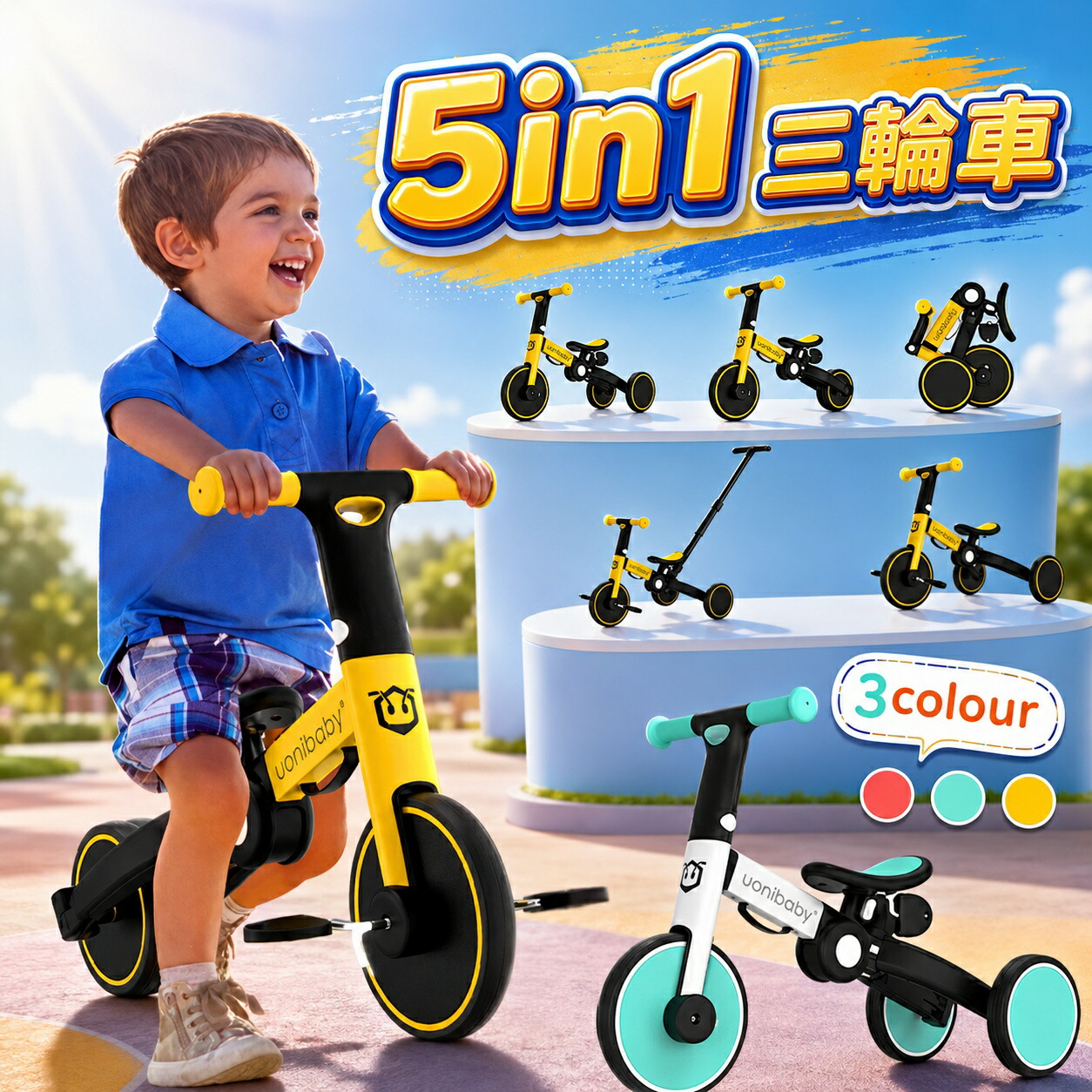 三輪車 おしゃれ かじとり 折りたたみ 高級 グリーン イエロー レッド 幼児用 ステップ付き 子供 コンパクト 安心 1.5歳から5歳まで対象 デザイン ランニングバイク｜リエスト店
