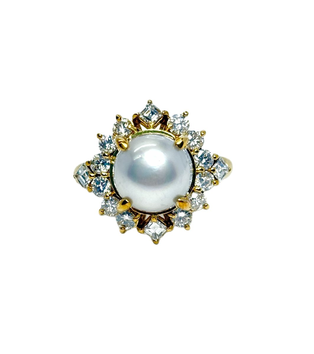 【新品仕上げ済】 K18 パール 9.5mm ダイア 1.09ct 指輪 リング #13号 ジュエリー ダイヤ アクセサリー ランクA