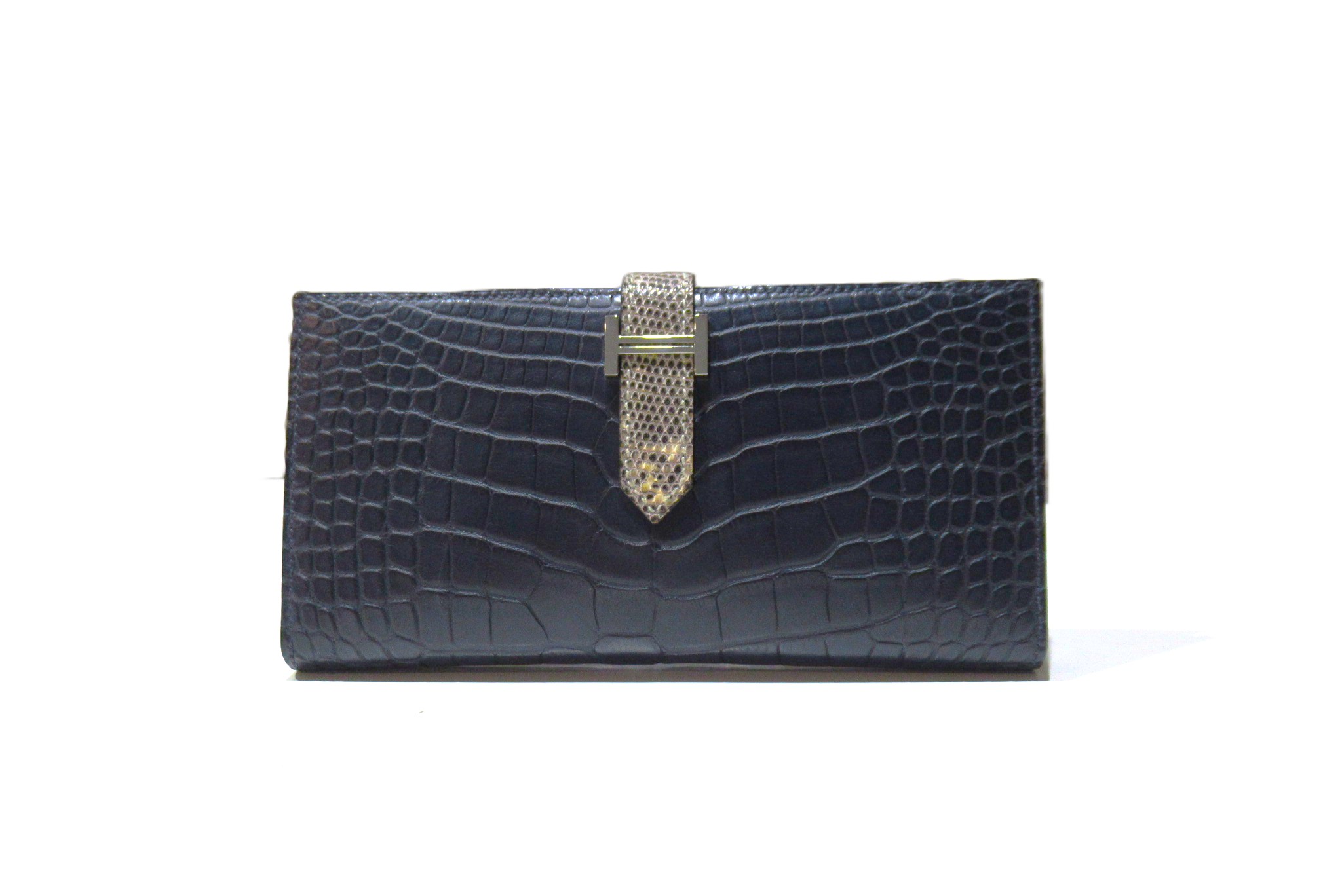 HERMES エルメス ベアンクラシック アリゲーター/リザード ブルーマリン C刻印 財布 美品 BOX付き ランクA