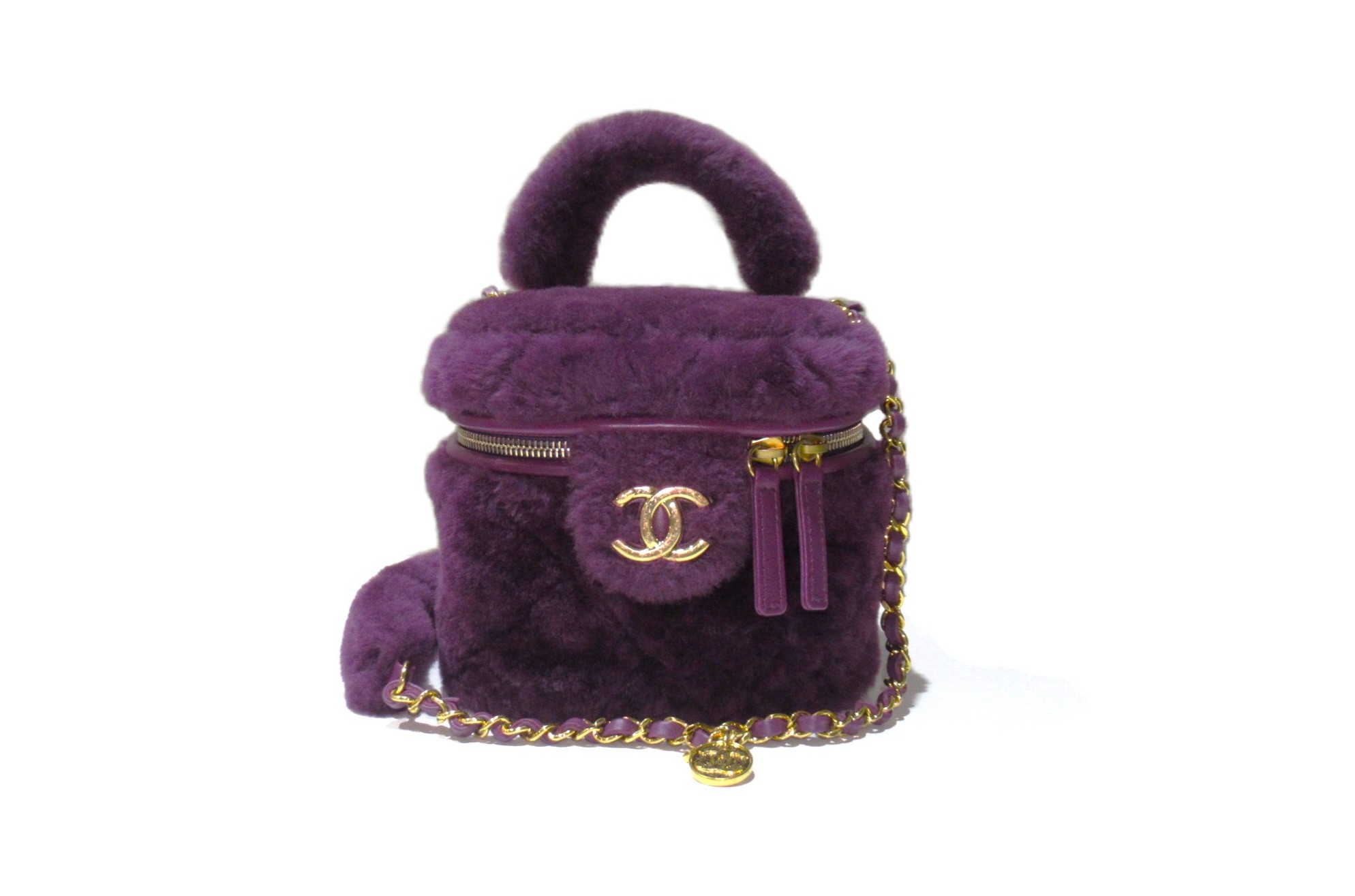 CHANEL  シャネル マトラッセ 2WAY バニティショルダー シアリング パープル ゴールド金具 AS3357  うしろ側 位置づけるAB