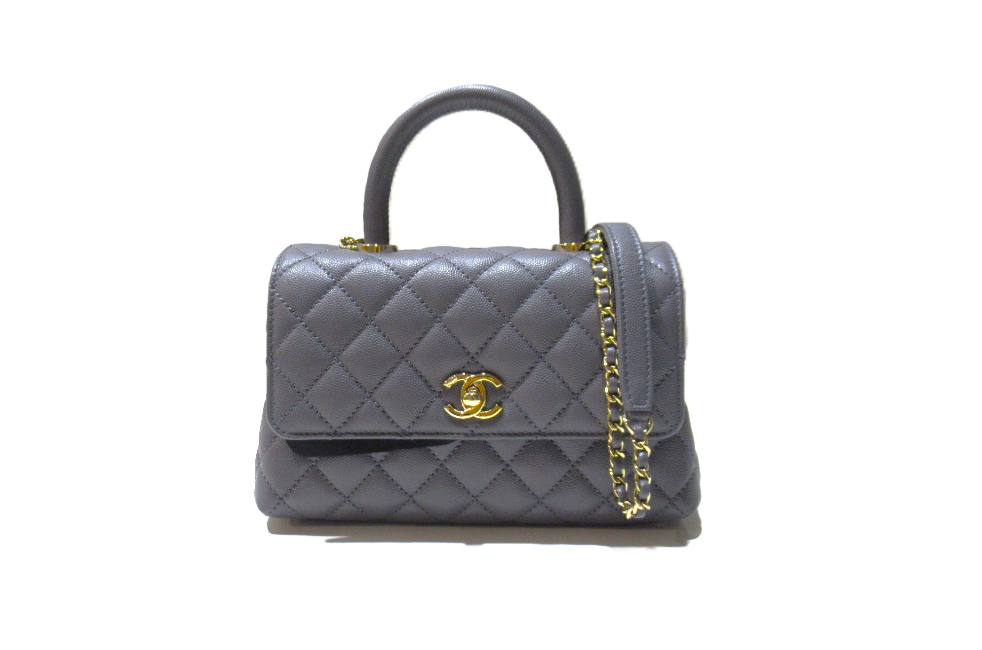 CHANEL　シャネル　ココハンドルXS　マトラッセ　キャビアキルト　2way　グレー　ゴールド金具　A92990　バック　レディース　ランクSA