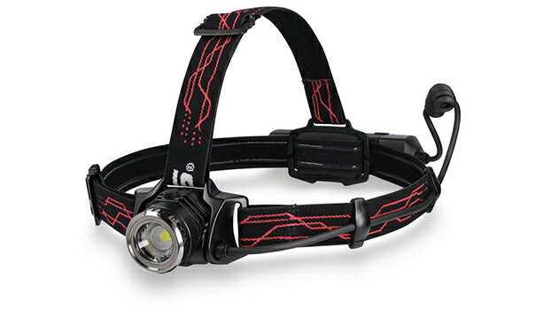 ジェントス GH-218RG 充電式LEDヘッドライト本体。黒に赤いラインの入ったヘッドバンド付き