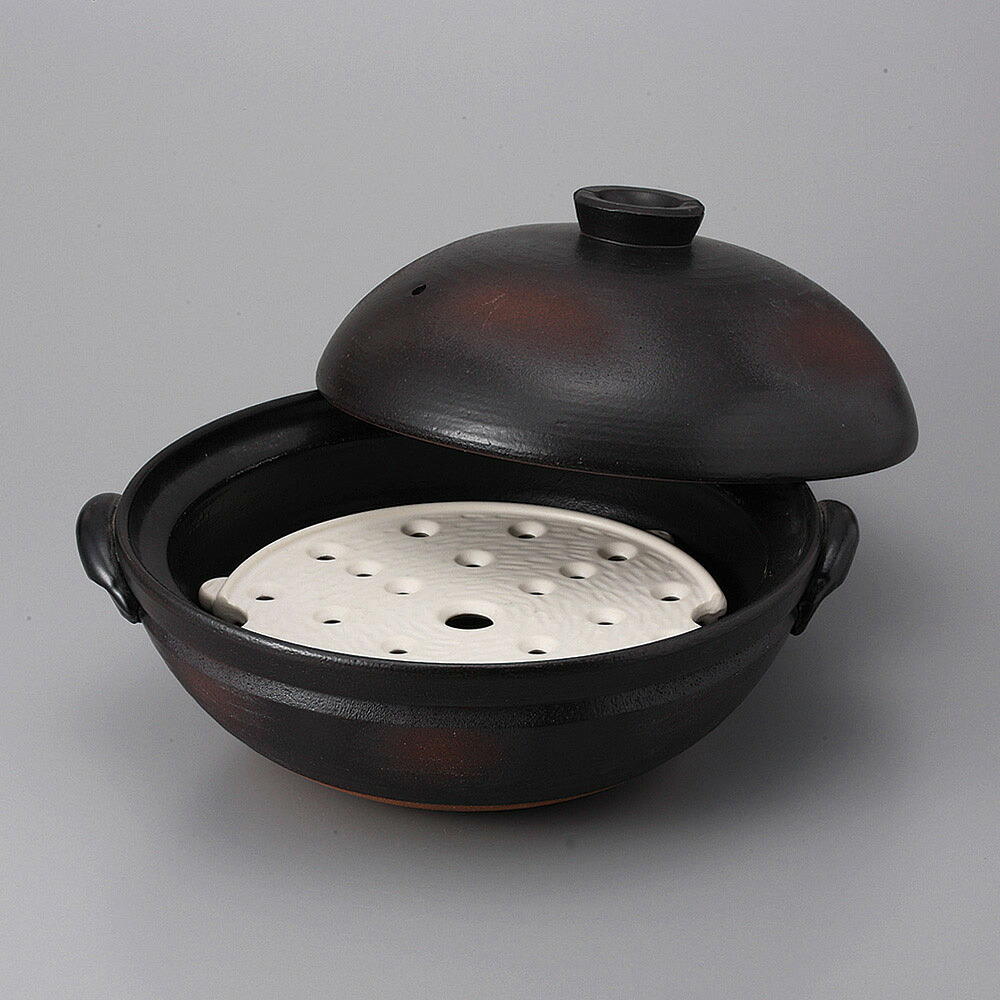萬古焼土鍋 鉄釉８号蒸し鍋（サナ付） 29.5×26×16.5cm