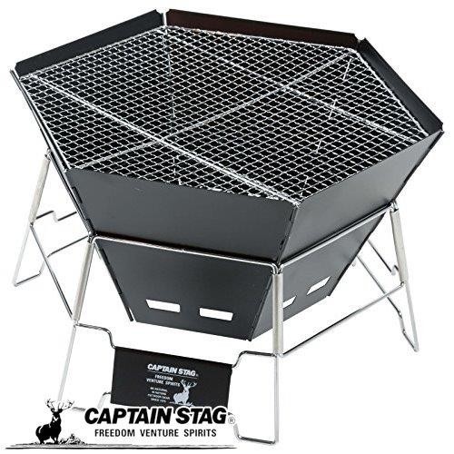 キャプテンスタッグ CS黒いこと下げ札 ヘキサステンレスファイアグリル 丸焼きコンロ かがり火台 ダッチオーブン 1台3役 御徒面子付 UG-50