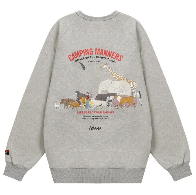 NANGA ナンガエコハイブリッド キャンピングマナーズ ワイルドアニマルズスウェットシャツ　トップス　スウェット｜Living Plaza Camp 店