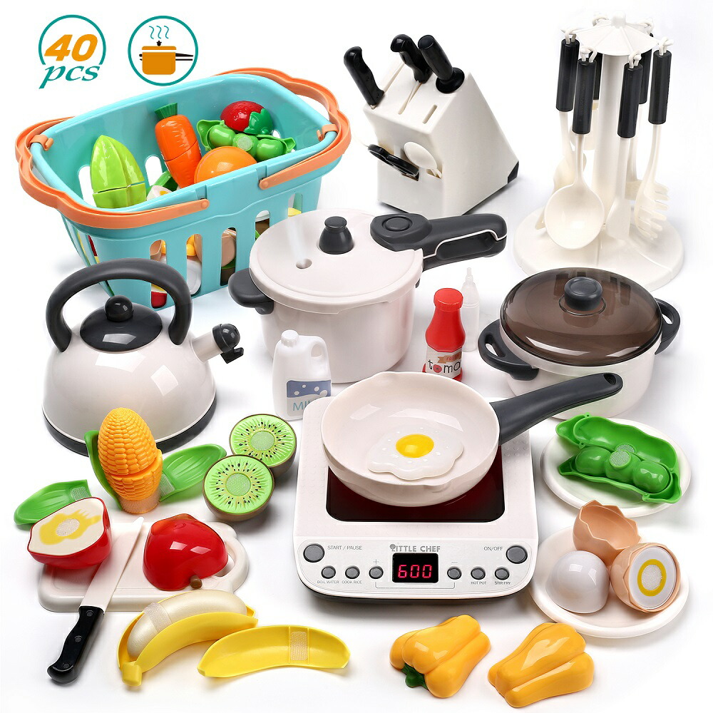 【限定18%OFFクーポン】おままごと キッチンセット IH調理器 リアル噴霧 贅沢食材 40点セット お買い物かご 室内遊び 室内ゲーム 白 お鍋 キッチン用具 収納ケース付き ごっこ遊び 台所 シミュレーション 知育玩具 男の子 女の子 クリスマスプレゼント