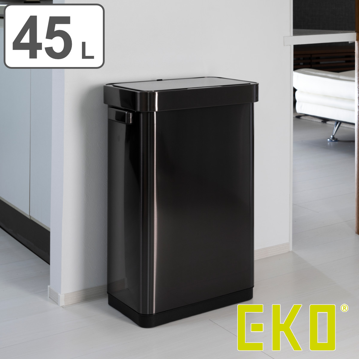 EKO ゴミ箱 45L デラックスミラージュ T センサービン ステンレス （ イ&minus;ケーオー ごみ箱 45リットル 45 センサー 自動開閉 電池式 キッチン 一年保証付き 自動 角型 大容量 大きい 大きめ ふた付き シンプル ブラック ）｜リビングート　店