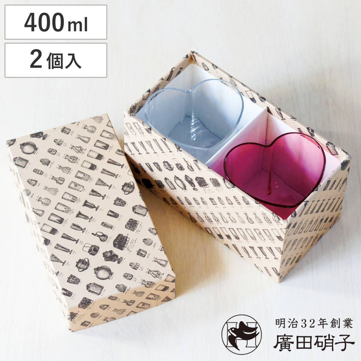 廣田硝子 ハート型 グラスペアー クリア＆ピンク （ ガラス 日本製 コップ カップ デザート 食器 デザート食器 おしゃれ かわいい レトロ 昭和 モダン珈琲 想グラス ）｜リビングート　店