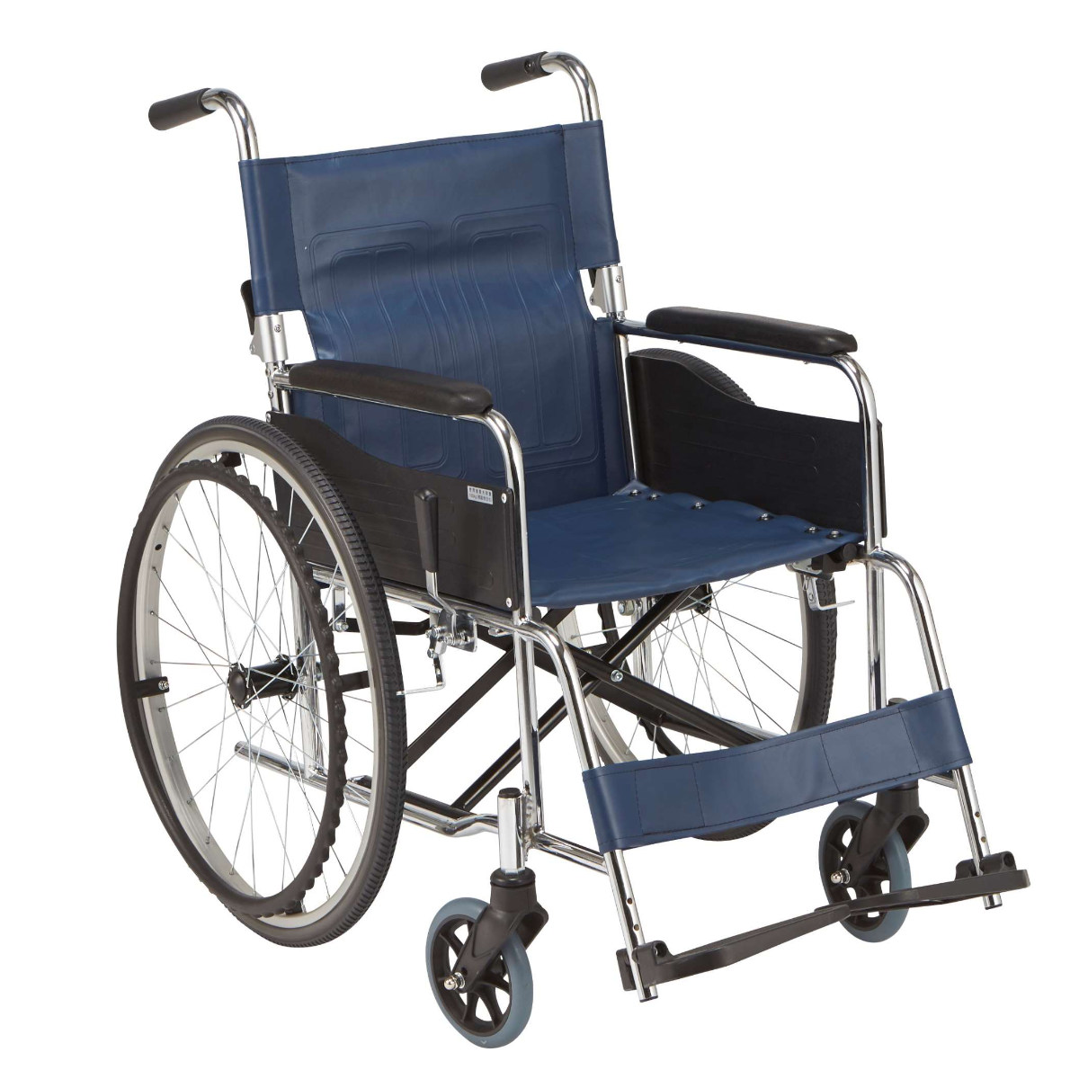 車いす スチール製 自走式 背折れタイプ 紺 ビニールレザー 座面幅42cm 非課税 （ 車椅子 スチール 折りたたみ 背折れ 介護 高齢者 シニア シンプル 車イス 折り畳み クッション 自宅 施設 病院 自走 福祉用具 介護用品 持ち運び ）