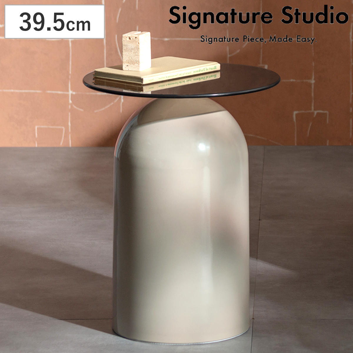 サイドテーブル 直径39.5cm 円形 ガラス天板 Noire Signature Studio （ テーブル ソファサイド ベッドサイド 机 ミニテーブル 丸 リビング リビングテーブル 軽量 強化ガラス コーヒーテーブル ソファテーブル 円筒 スチール ）