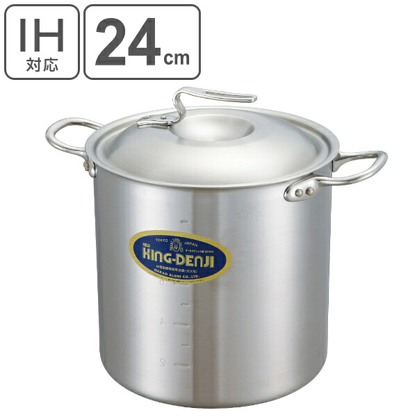 寸胴鍋 IH対応 約11L 24cm 業務用 ニューキングデンジ （ 送料無料 ガス火対応 両手鍋 目盛り付き ステンレス鍋 フタ付き 深型鍋 厨房用品 厨房器具 業務用鍋 鍋 なべ オール熱源対応 ）｜リビングート　店