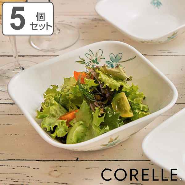 ボウル 16.5cm スクエア コレール CORELLE フェアリーフローラ 5個セット ( 食洗機対応 電子レンジ対応 オーブン対応 サラダボウル 白 耐熱 白い食器 深皿 角皿 サラダ デザート 取皿 フルーツ 花柄 洋食器 おしゃれ )