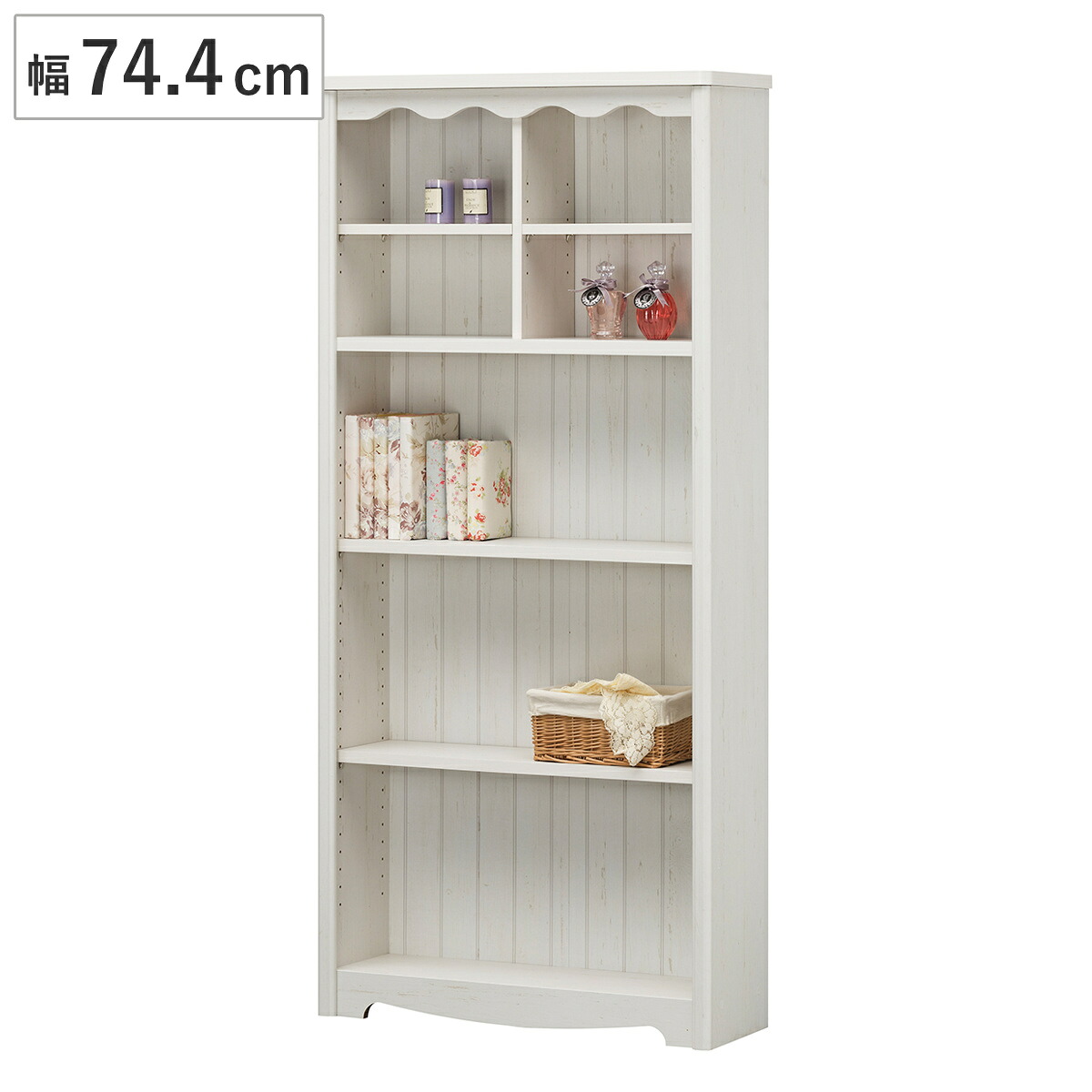 オープンラック 幅74.4cm 5段 モンシェリーヌ 白家具 木製 （ 本棚 ディスプレイ ラック 棚 収納 シャビー調 多目的ラック シェルフ 家具 フレンチカントリー 書棚 ）