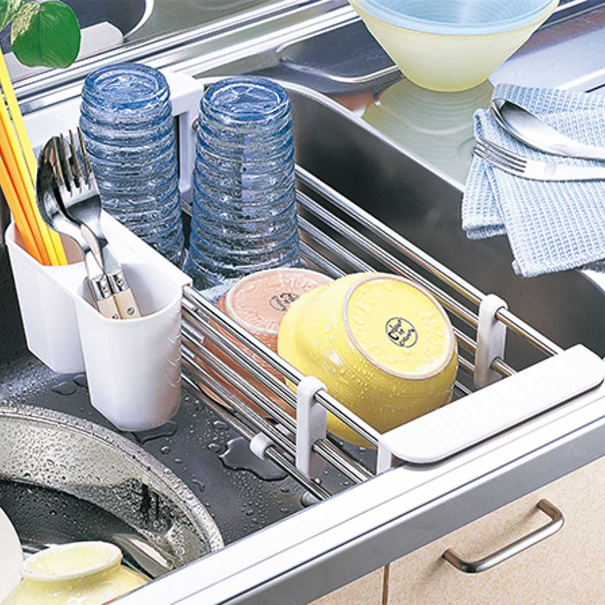 水切りラック デイズ シンクスライドBOX小物ポケット付 （ 伸縮 カトラリーポケット付き ステンレス シンク掛け式 水切りバスケット 水切りかご 水切りカゴ 水切り シンクラック 洗い物 食器 洗い 乾燥 ラック シンク内 ）画像