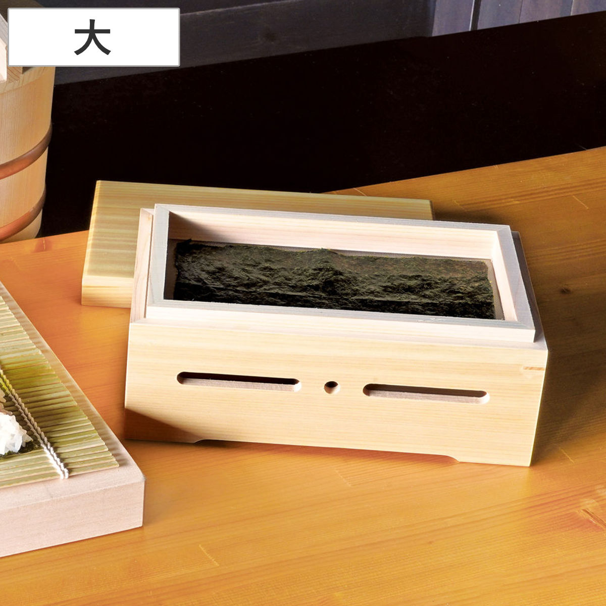 保存容器 焼きのり箱 大 （ 海苔焙炉 ホイロ 箱 焼きのり ひのき 天然木 日本製 半切 三つ切り 3切 海苔 温める 炙る 木箱 朝食 酒の肴 炭火 卓上 手巻き寿司 おにぎり ）