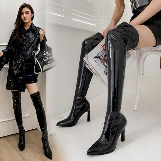 レディースブーツ エナメルロングブーツ ニーハイブーツ 美脚 大きいサイズ ストレッチ エナメルブーツ ロングブーツ ロング ブーツ ヒール ハイヒール ピンヒール 疲れない 痛くない 歩きやすい 靴 おしゃれ 大人スタイル|Livio