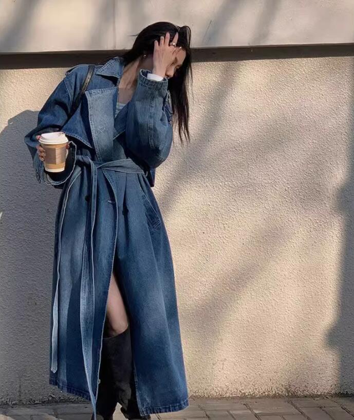 超ロング丈ジーンズ厚地の外套 マキシ丈  トレンチコート 三尺帯付き添い人  ジーンズ 厚地の外套 アウター レディース 上衣 Gジャン 森お嬢さん  ビッグ影ぼうし 春 秋  ロング厚地の外套 ゆったり