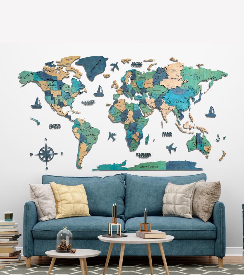 送料無料 世界地図 インテリア 木製 壁掛け 3D Wood World Map 世界地図 インテリア 壁掛け オークカラー 高級感ある木の温もり 壁掛木製世界地図 インテリア＆グローバルに！ 自宅、オフィス用特別ギフトボックス入りウォールアート装飾、木製トラベルマップ