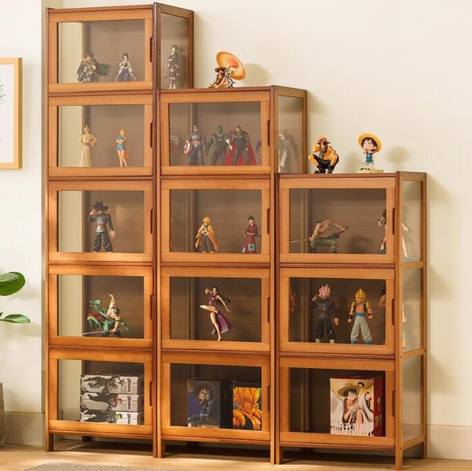 アクリル コレクションケース 上下スライド式扉 竹製 4層　5層 大型 ロータイプ フィギュアコレクション棚 ガラスケース 収納 完全密封 大容量 透明 フレーム 耐荷重抜群 透明展示ケース 組み立て式 転倒防止 ディスプレイ 7,869円