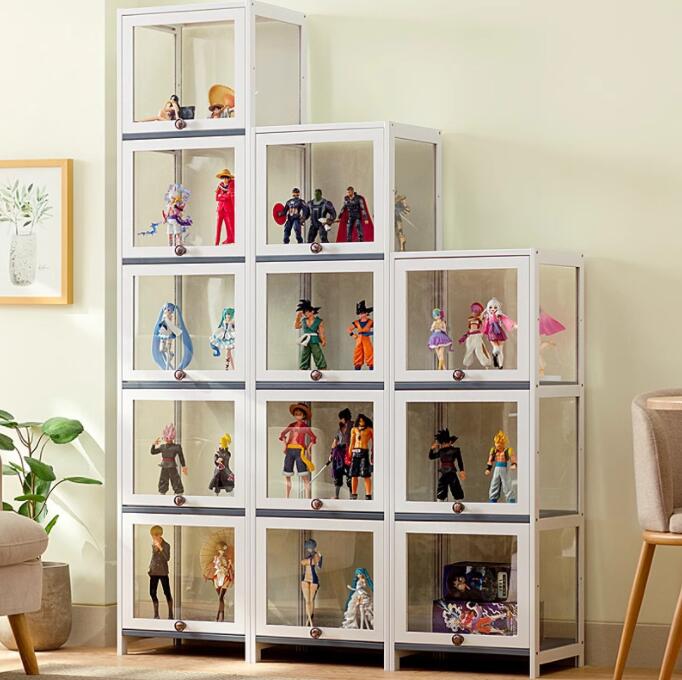 アクリル コレクションケース 上下スライド式扉 竹製 4層　5層 大型 ロータイプ フィギュアコレクション棚 ガラスケース 収納 完全密封 大容量 透明 フレーム 耐荷重抜群 透明展示ケース 組み立て式 転倒防止 ディスプレイ