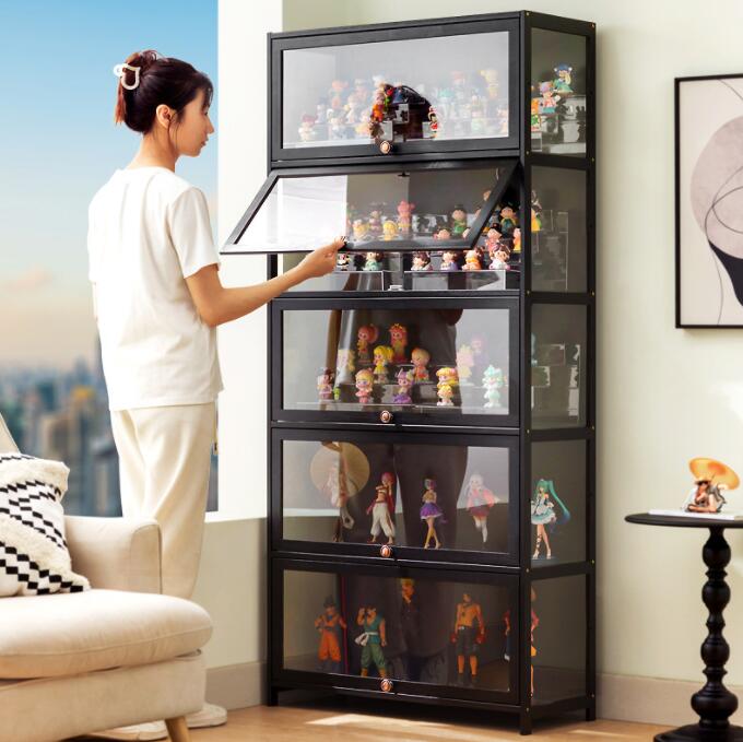 アクリル コレクションケース 上下スライド式扉 竹製 4層　5層 大型 ロータイプ フィギュアコレクション棚 ガラスケース 収納 完全密封 大容量 透明 フレーム 耐荷重抜群 透明展示ケース 組み立て式 転倒防止 ディスプレイ